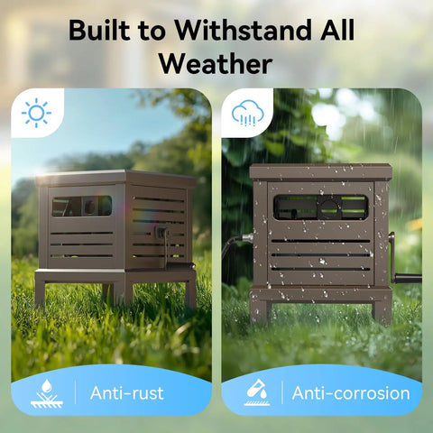 Heavy Duty Hose Reel With Never Leak System Metal Deck Box in sunny and rainy weather, showing rust and corrosion resistance.