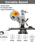 Mini Benchtop Mill And Drill Press With Brushless Motor features variable speed control dial from 50 to 2250 RPM for precision tasks.