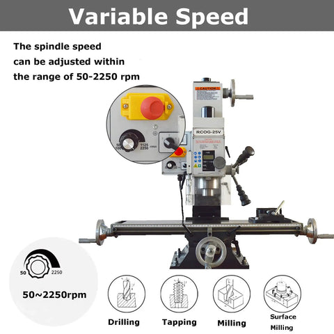Mini Benchtop Mill And Drill Press With Brushless Motor features variable speed control dial from 50 to 2250 RPM for precision tasks.