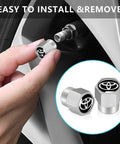 Toyota Tire Valve Stem Caps 4 Pack Aluminum Alloy Metal Covers with Belt O Ring Seal shown on wheel installation