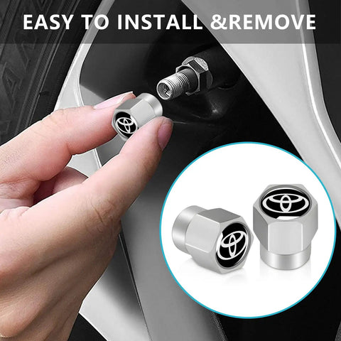 Toyota Tire Valve Stem Caps 4 Pack Aluminum Alloy Metal Covers with Belt O Ring Seal shown on wheel installation