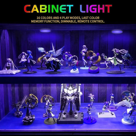 Under Cabinet RGB LED Puck Lights Kit With Wireless Remote Control 16 Color Dimmable Plug In Lights illuminating display shelf
