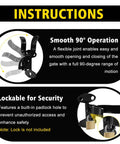Diagram showing 1-3/8 Inch Wall Mount Fork Gate Latch With Padlock Hole And Hardware; highlights 90-degree operation and lock hole.