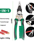 All In One Wire Stripper And Cable Cutter With Built In Voltage Tester For 12-250V AC DC Electrician Work Pliers Crimper Twister Splitting Tool Go-To For Electricians And DIY Enthusiasts Durable Steel Construction Comfortable Grip 8 In 1 Versatility shown in packaging with green handle, 225mm length, right view