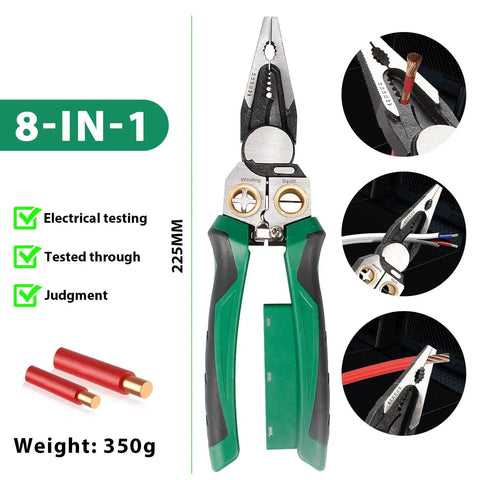All In One Wire Stripper And Cable Cutter With Built In Voltage Tester For 12-250V AC DC Electrician Work Pliers Crimper Twister Splitting Tool Go-To For Electricians And DIY Enthusiasts Durable Steel Construction Comfortable Grip 8 In 1 Versatility shown in packaging with green handle, 225mm length, right view