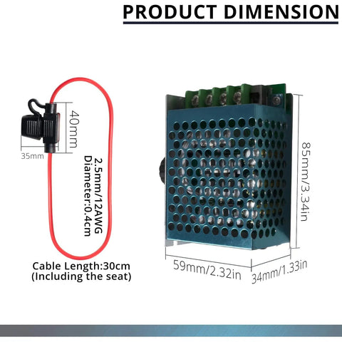 Product dimension details for Heavy Duty Pwm Dc Motor Speed Controller Handles Seven To Seventy Volts And Thirty Amps With Adjustable Knobs.