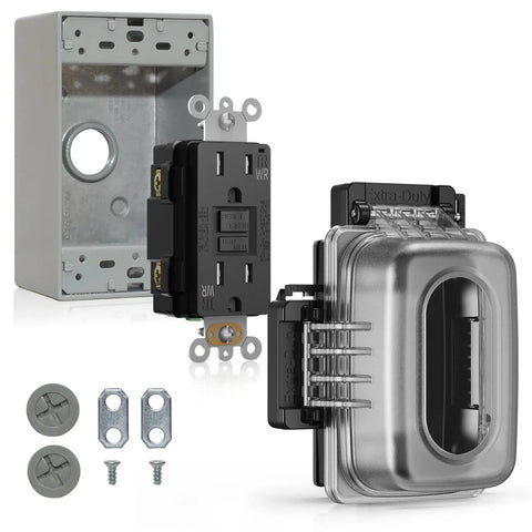 Top Shelf 15 Amp Outdoor GFCI Outlet Self Test Tamper Resistant GFI Black 2 Pack with metal box and weatherproof cover.