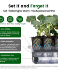 Diagram of No-Fuss All-In-One 72 Cell Self Watering Seed Starter Kit with Grow Light showcasing self-watering features and benefits.