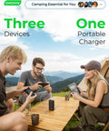 Ultra 50000mAh Portable Charger With PD 22.5W Fast Charging powering three devices outdoors on a wooden table.