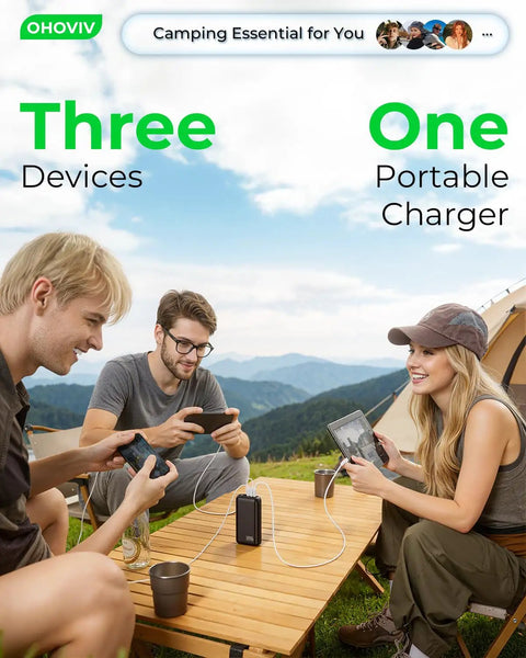 Ultra 50000mAh Portable Charger With PD 22.5W Fast Charging powering three devices outdoors on a wooden table.