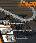 415 Chain 110L Links Beefed Up Heavy Duty Dirt Bike Chain For 2 Stroke Engines with close-up details and bicycle background