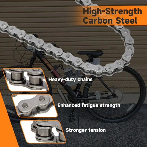 415 Chain 110L Links Beefed Up Heavy Duty Dirt Bike Chain For 2 Stroke Engines with close-up details and bicycle background