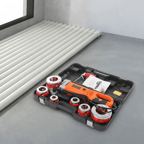 Heavy Duty Electric Pipe Threader 2300W Portable Threading Machine with six dies and PVC pipes ready for use.
