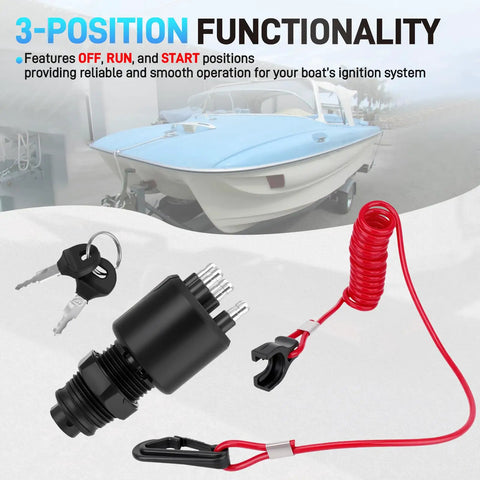 Boat Ignition Switch With Two Keys And Safety Lanyard For OMC Johnson Evinrude 40-200HP Outboard Motors Replacement 175974 Durable No Fuss Install Assembly shown with boat in background.