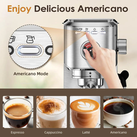 Top Tier 20 Bar Espresso Machine With Quick Heat Milk Frother And Powerhouse 1350W Pump Compact Stainless Steel Coffee Maker with Americano mode.