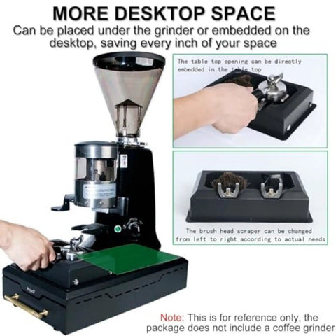 Slick Electric Coffee Puck Knock Box For Zero Hassle Espresso Cleanup Featuring Detachable Grounds Container And Spare Brush Heads with hand placement.
