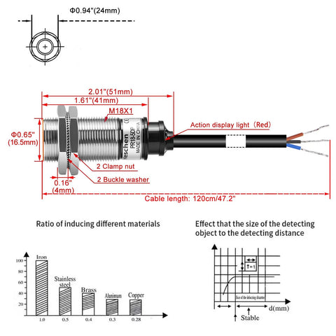 Diagram of M18 Inductive Proximity Sensor Switch PR18 5DP Cylindrical Detector with dimensions and cable details.