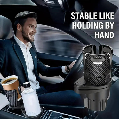 Dual Car Cup Holder Expander For Tesla Cybertruck in vehicle, holding beverages securely with adjustable grip features.
