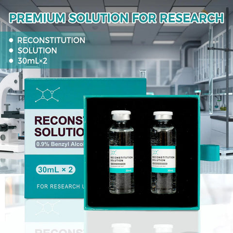 Front view of two 30mL glass vials labeled Reconstitution Solution in a teal 2-pack box.