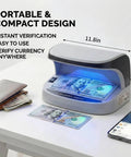 Counterfeit Money Detector With UV LED Light, Handheld Bill Checker on table verifying currency under blue UV light