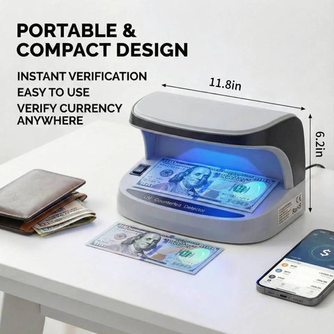 Counterfeit Money Detector With UV LED Light, Handheld Bill Checker on table verifying currency under blue UV light
