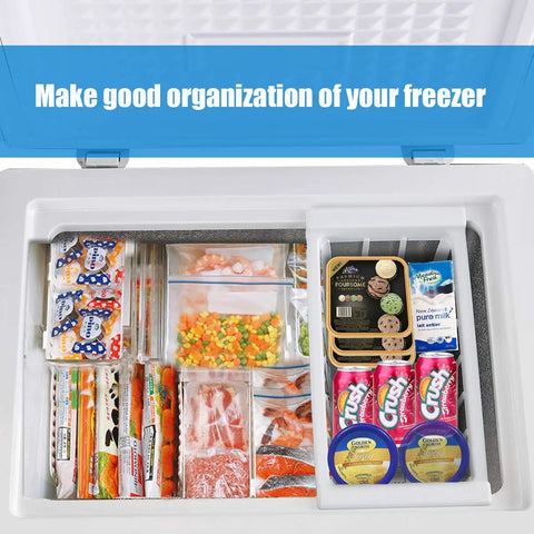3.5 Cubic Feet Deep Chest Freezer With Adjustable Thermostat Compact Freestanding Mini Freezer In Black organized with food items inside