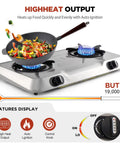Two Burner Portable Propane Gas Stove With Auto Ignition Stainless Steel Cooktop 19000 BTU Hr High Heat Outdoor Grill