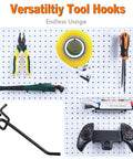 30 Pack Must Have 4 Inch Metal Pegboard Hooks Set fits one eighth inch and one quarter inch pegboards with various tools displayed.