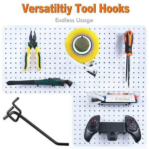 30 Pack Must Have 4 Inch Metal Pegboard Hooks Set fits one eighth inch and one quarter inch pegboards with various tools displayed.