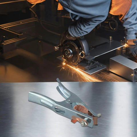 Heavy Duty Welding Ground Clamp For Mig Tig And Mma Welders with snug copper jaw grip on stainless steel surface.