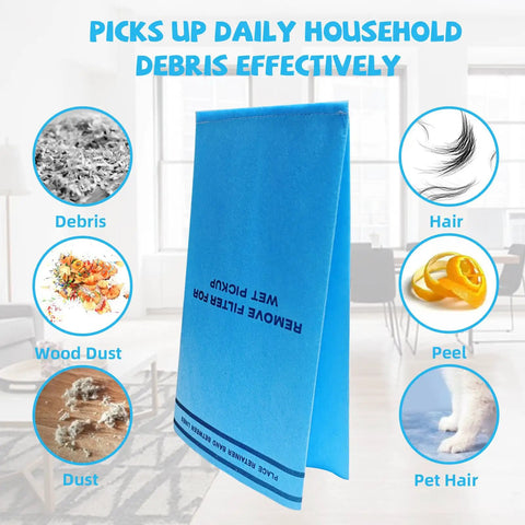 12 Pack Dust Filter Bags Replacement For 2 To 2.5 Gallon Wet Dry Vacs And Powerhead Bucket Vac With 3 Retaining Bands In Blue Part 9-38737 Compatible With Most 2 To 2.5 Gallon Vacuums shown with household debris collection examples.