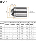 Killer Grip 6 Pack Ball Point Spring Plungers 304 Stainless Steel Precision Catch Latches D12x16 size with measurement chart.