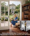 Patio Sliding Door Roller 1-1/2 Inch Steel Ball Bearing Replacement Kit For Most Sliding Doors Premium Stainless Steel Corrosion-Resistant Rollers With Adjustable Height High-Strength Wheels 2-Pack For Smooth Quiet Operation near open patio door with woman reading.