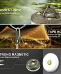 4 In 1 Camping Lantern And String Lights 32.8 Ft Outdoor Lighting Kit showing hidden hook, tape hook, and strong magnetic base.