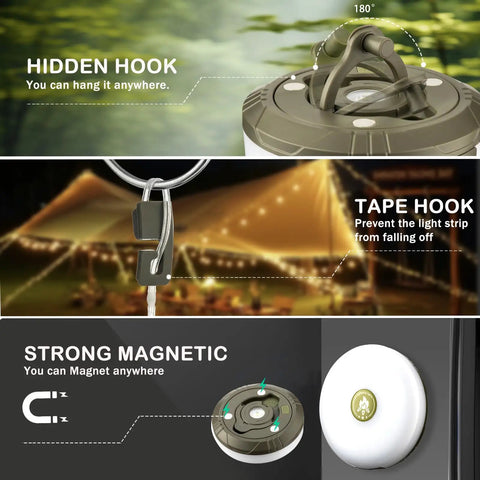 4 In 1 Camping Lantern And String Lights 32.8 Ft Outdoor Lighting Kit showing hidden hook, tape hook, and strong magnetic base.