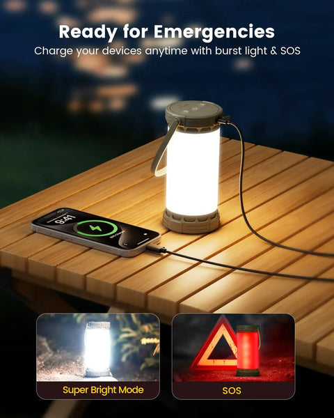 Brighter Than The Night Ultra Bright 135 LED Camping Lantern With 5000mAh Rechargeable Battery on wooden table charging phone