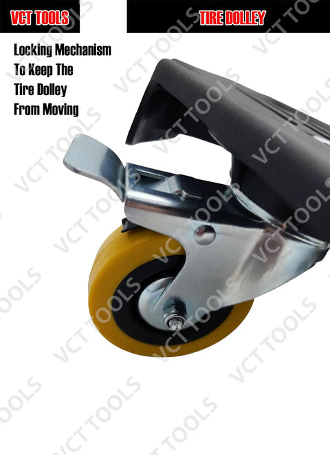 Close-up of locking wheel on Heavy Duty Tire Storage Dolly With 300 Lb Capacity, 360 Degree Mobility, Rugged Polyethylene Construction