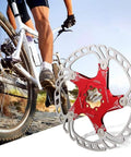 Mountain Bike Disc Brake Rotor And Pads 203mm Five Bolt Build With Stainless Steel Outer And Aluminum Inner For Hydraulic Mechanical Brakes Buttery Stopping Power For Gnarly Trail Riding, red rotor in action.