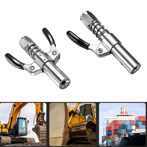 Spring Loaded Grease Coupler With Aluminum Alloy Body Locking Design for Fittings and Maintenance Tool, shown in use on machinery