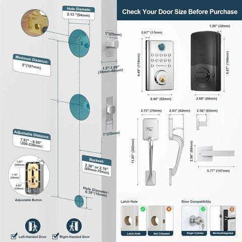 Diagram showing measurements and specifications of the Slick WiFi Smart Deadbolt And Keyless Entry Door Lock.