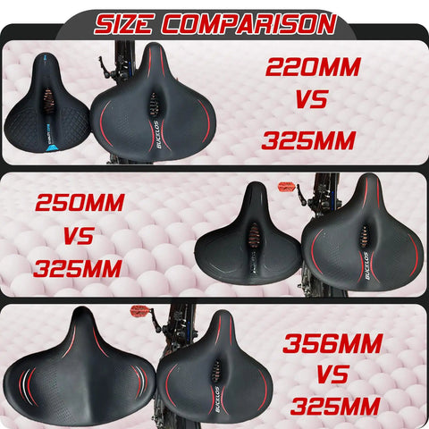 Wide Bike Seat For Men And Women Extra Large Comfort Saddle comparison of three sizes with measurements in mm