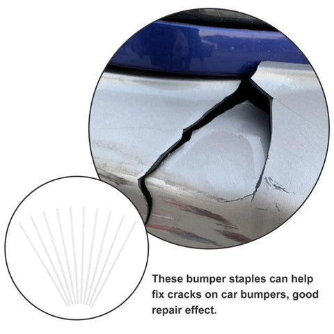 Close-up of a cracked car bumper with 10pc White Pp Car Bumper Welding Rods 20cm Diy Plastic Repair Sticks for effective repairs.