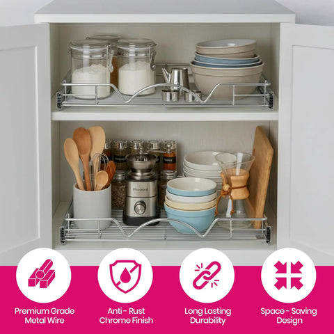 Heavy Duty Pull Out Cabinet Organizer With Smooth Sliding Drawers In Chrome Finish For Easy Access To Spices Pots And Bakeware Fits 23.25 Inch Cabinets And A 22 By 17 Inch Basket No Brainer Install visible inside cabinet with organized items