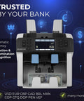 Hustle Ready Money Counter For Fast Cash Counting And Effortless Mixed Bill Sorting With Trusted Multi Currency Scanning and No Stress Commercial Performance, front view with screen display.