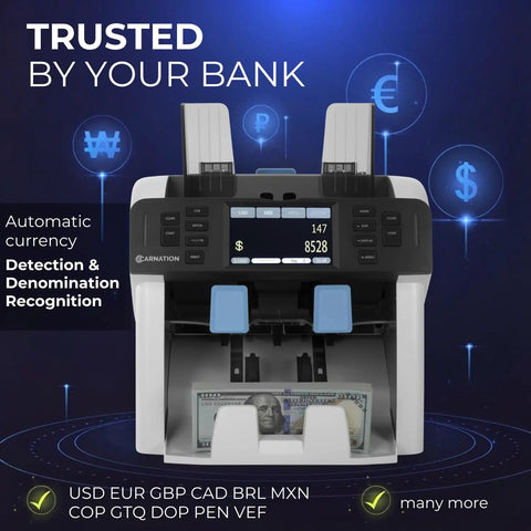 Hustle Ready Money Counter For Fast Cash Counting And Effortless Mixed Bill Sorting With Trusted Multi Currency Scanning and No Stress Commercial Performance, front view with screen display.