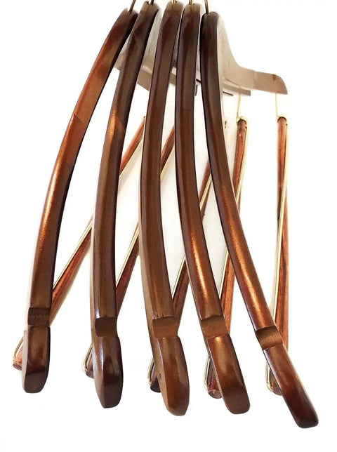 Premium Wooden Hangers Set Of Five Curved Shoulder Hangers With Gold Hooks And Locking Bar Heavy Duty Coat Hanger For Suits And Travel No Slip Pants Bar