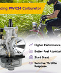 PWK 24mm Carburetor Throttle Assembly for Predator 212cc 196cc 200cc 224cc engines, shown with mini bike in background.