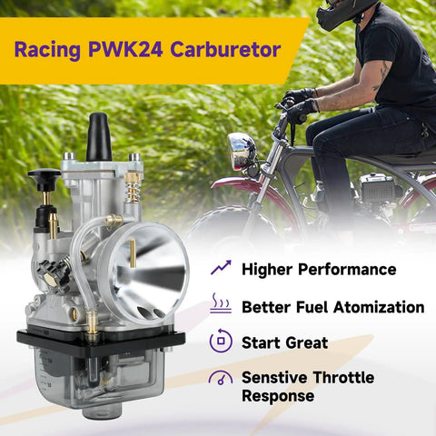PWK 24mm Carburetor Throttle Assembly for Predator 212cc 196cc 200cc 224cc engines, shown with mini bike in background.