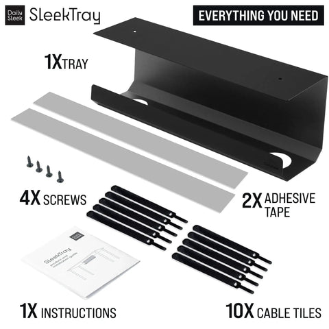 Under Desk Cable Management Tray No Drill Wire Organizer For Standing Desk with screws, tape, cable tiles, and instructions.