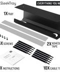 Under Desk Cable Management Tray Set No Drill Wire Organizer with tray, adhesive tape, screws, cable tiles, and instructions
